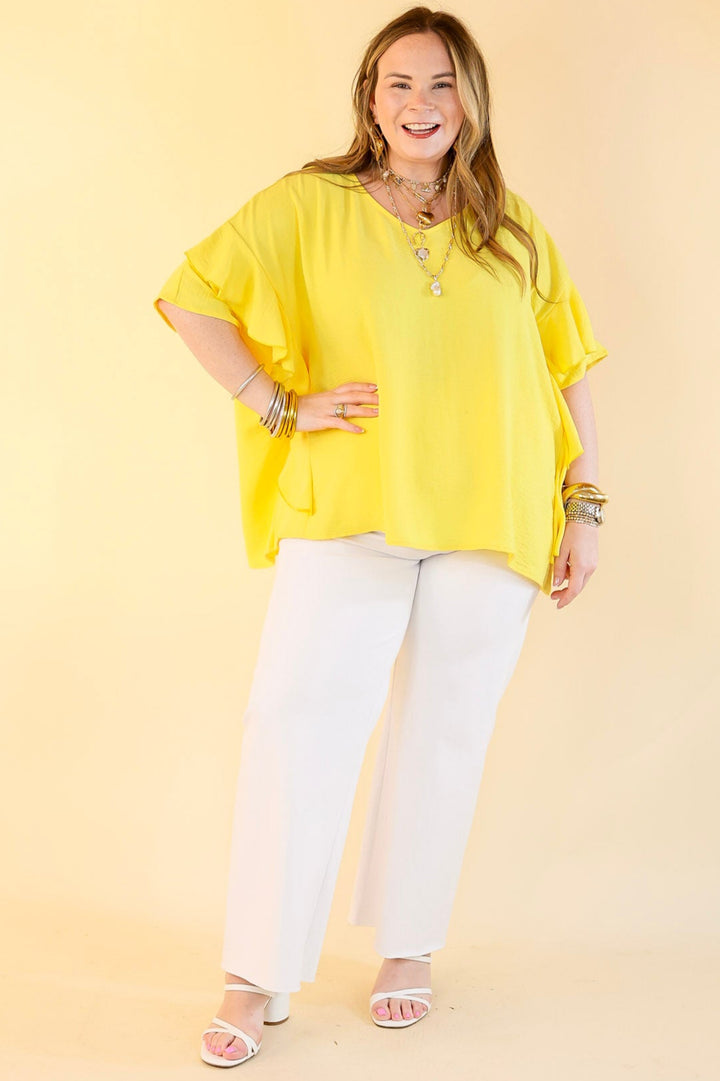 Sip of Spring Ruffle Sleeve Shift Top with V Neckline in Lemon Yellow