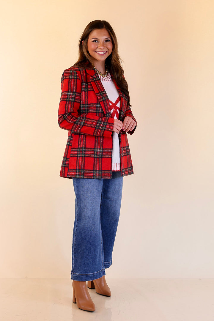 Season to Shine Long Sleeve Tartan Plaid Blazer in Red