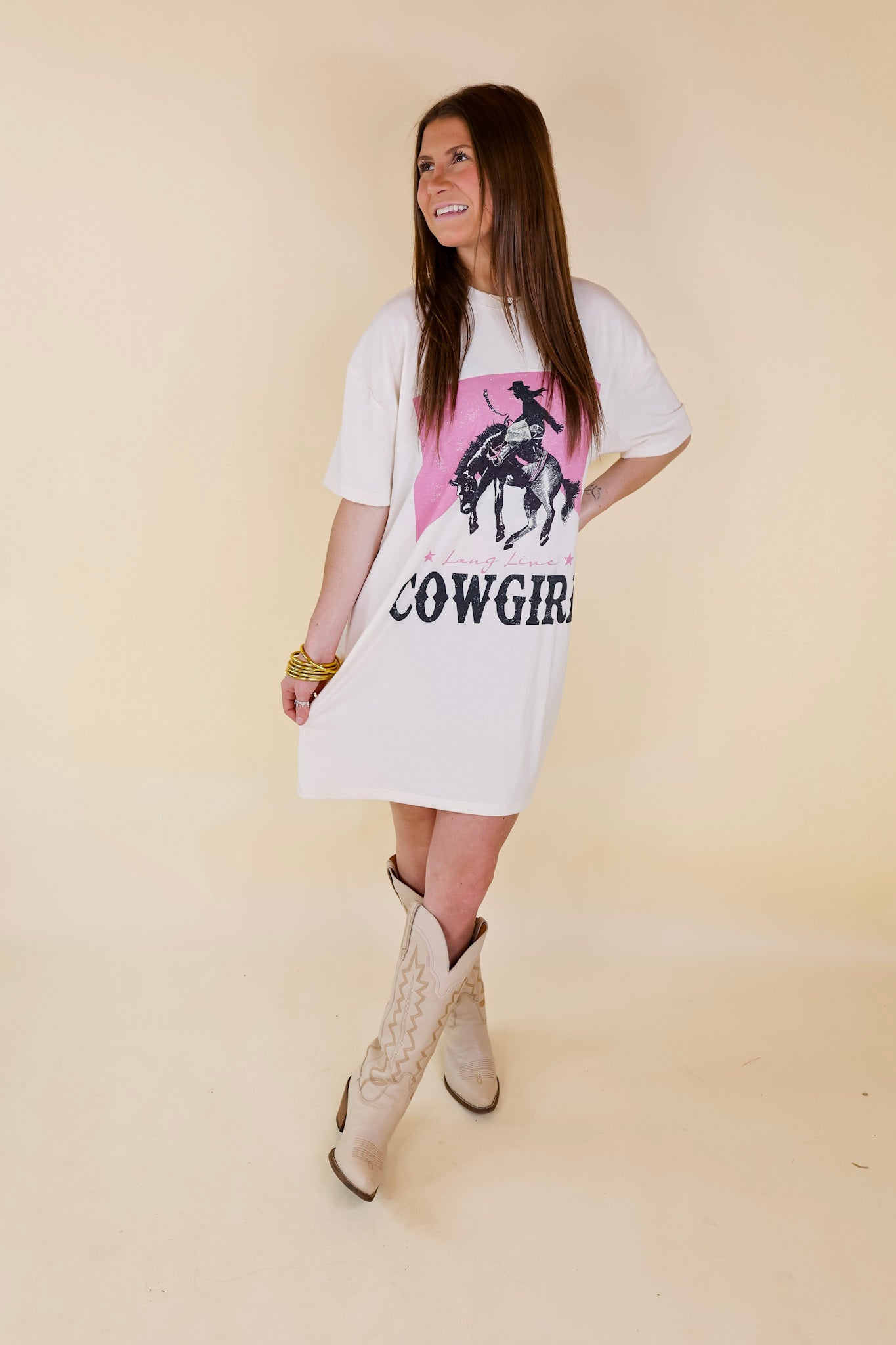 Long Live Cowgirl Short Sleeve Tee Shirt Dress in Cream - Giddy Up Glamour Boutique