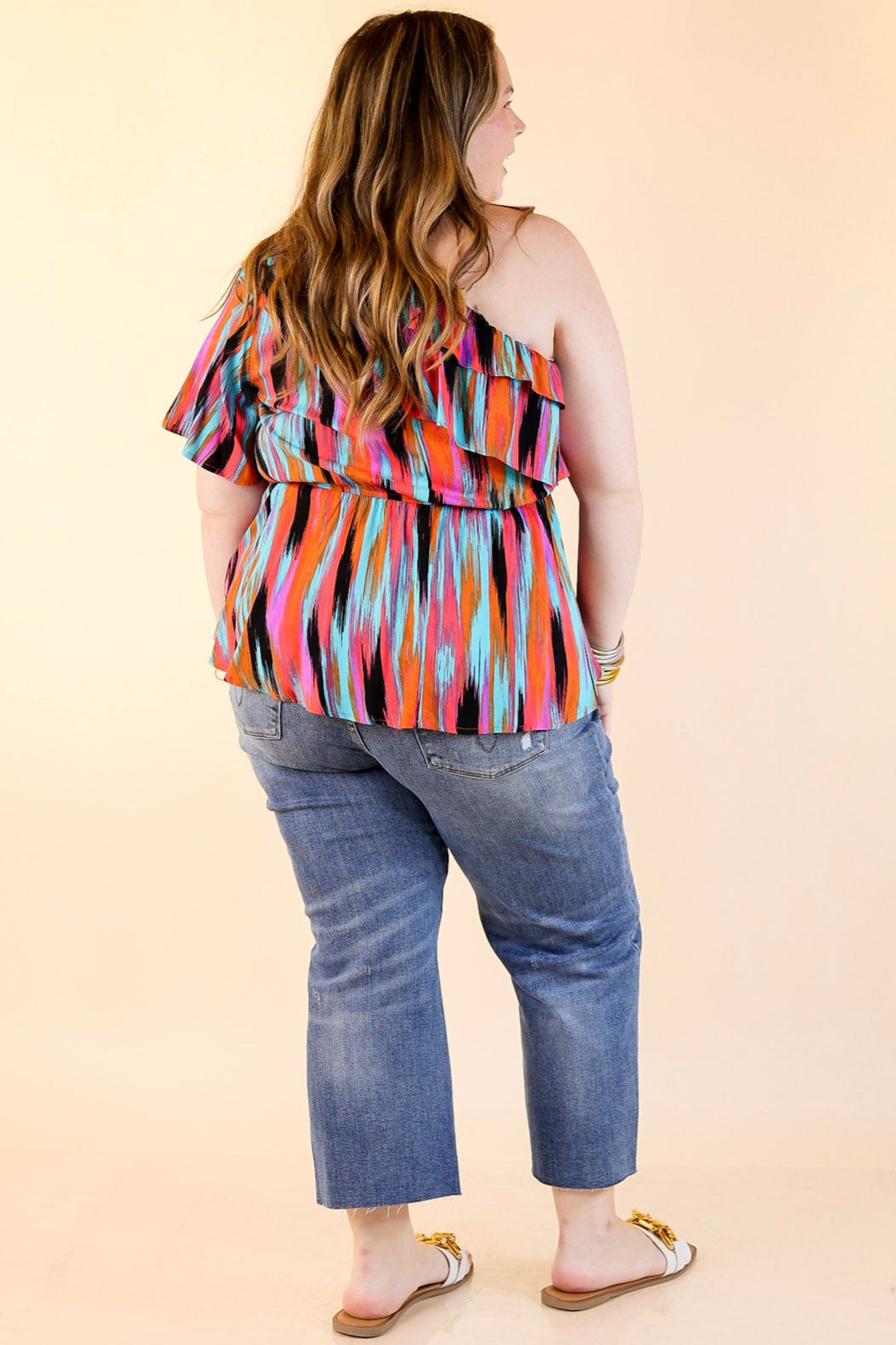 Worth Staying One Shoulder Watercolor Stripe Top in Turquoise and Red Mix