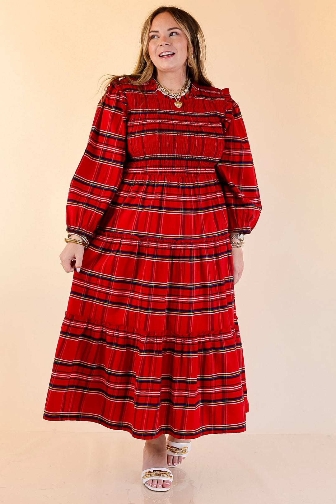 Mud Pie | Walton Smocked Bodice Long Sleeve Plaid Midi Dress with Tiered Skirt in Red