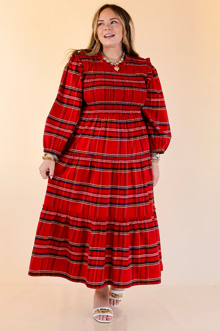 Mud Pie | Walton Smocked Bodice Long Sleeve Plaid Midi Dress with Tiered Skirt in Red