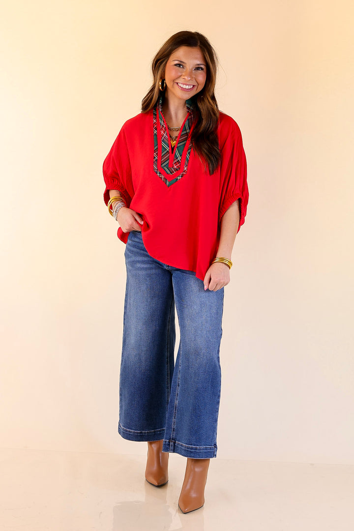 Naturally Stylish Poncho Top with Green Plaid Trim in Red