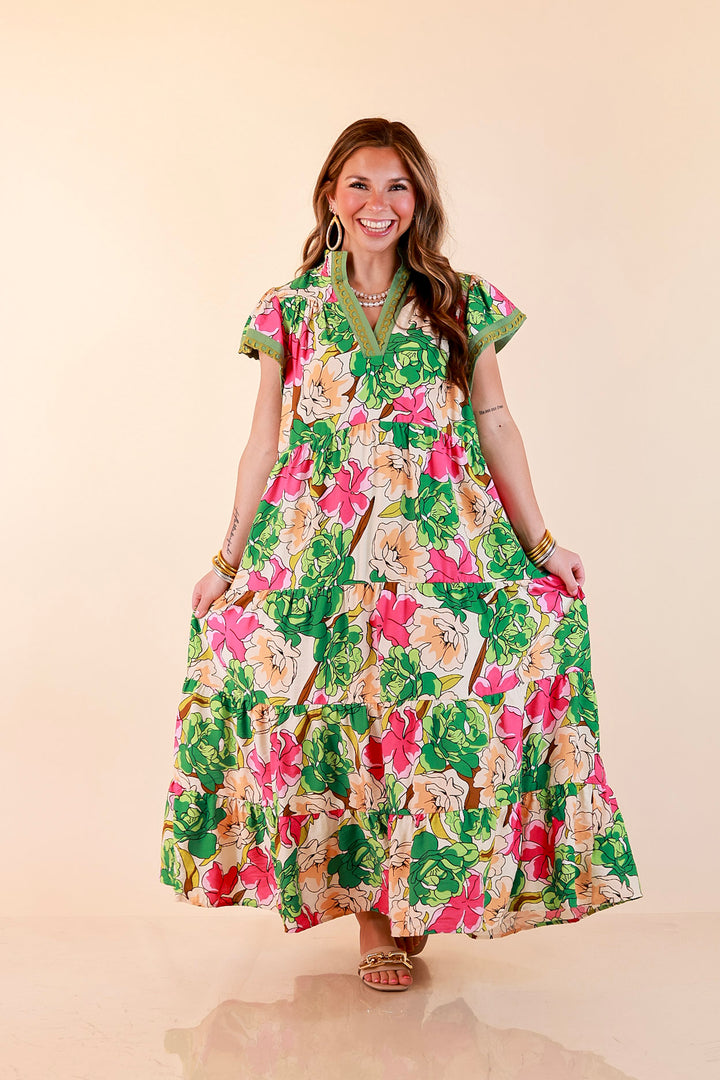 Spring Symphony Floral Print Tiered Midi Dress with Flutter Sleeves in Pink and Green
