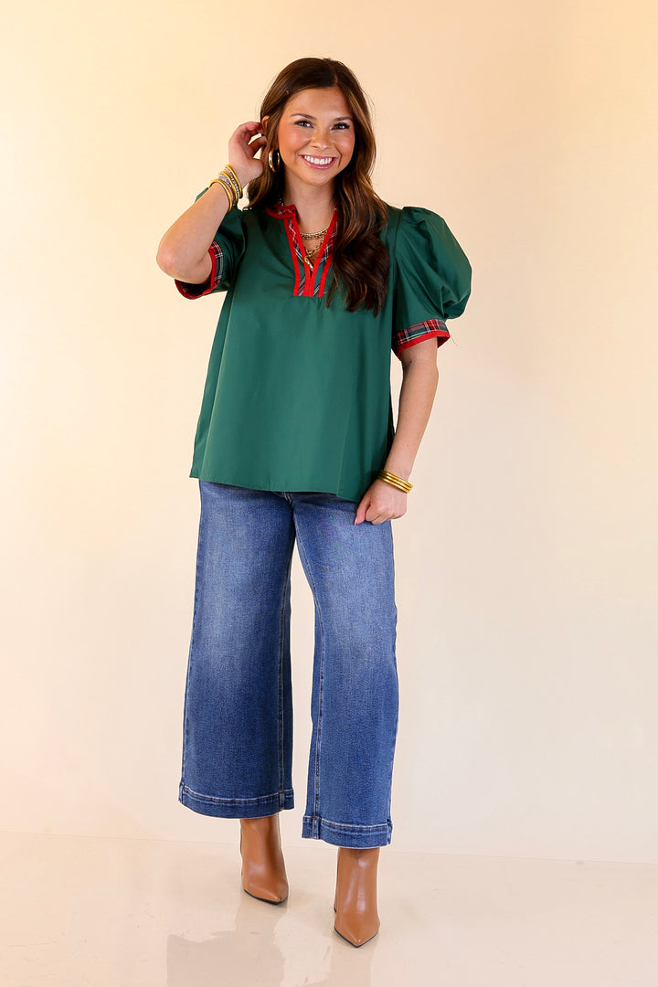 Commanding Style V Neck Top with Short Balloon Sleeves and Plaid Trim in Hunter Green