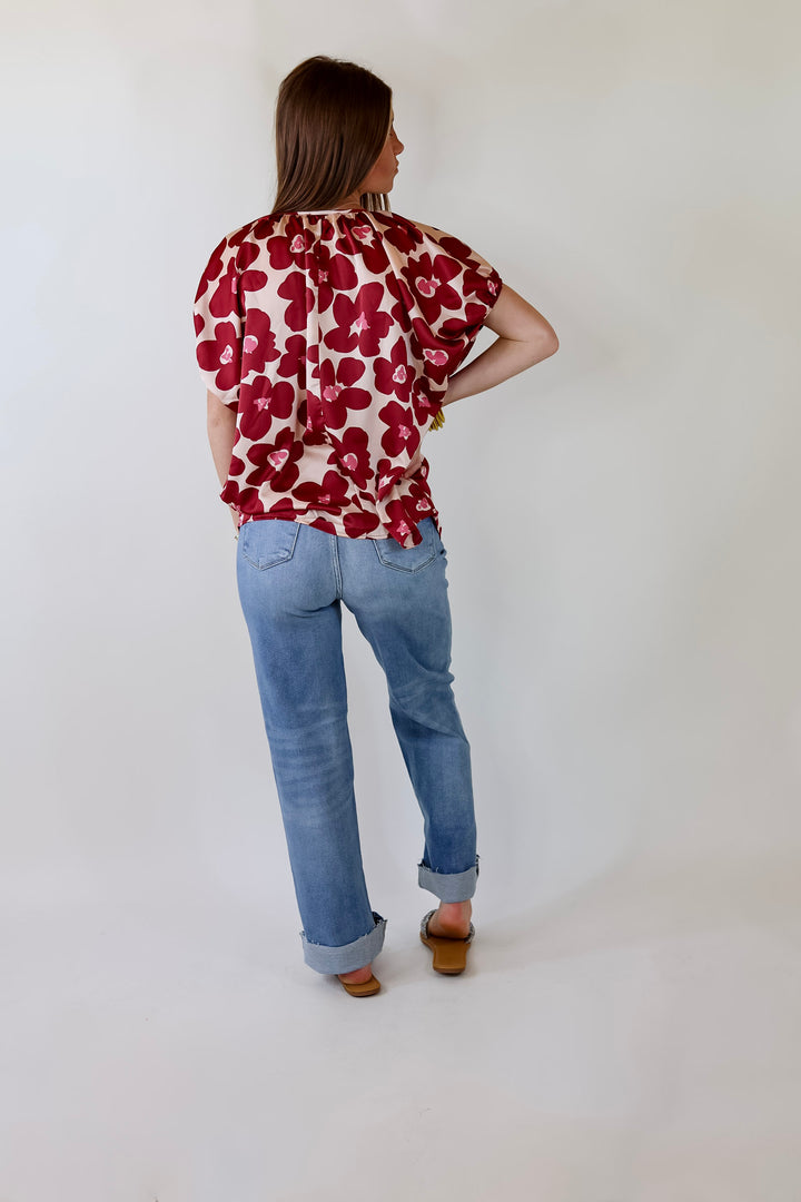 Counting Kisses Short Sleeve Floral Top with Keyhole in Maroon - Giddy Up Glamour Boutique