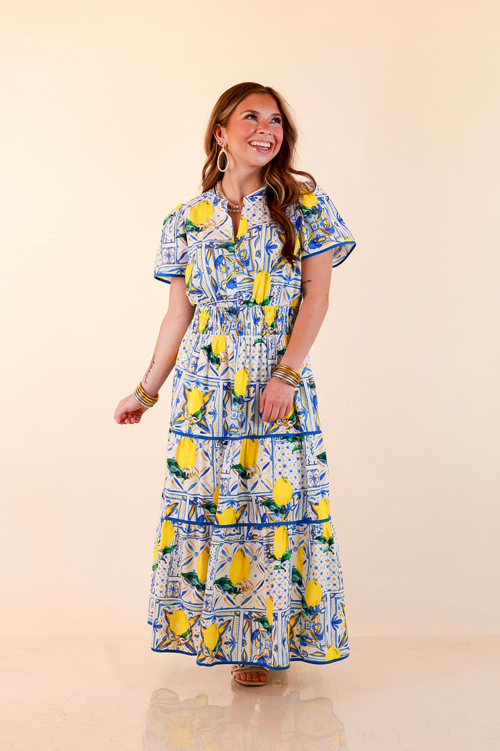 Villa Views Lemon and Tile Abstract Print Tiered Midi Dress in Blue and Yellow