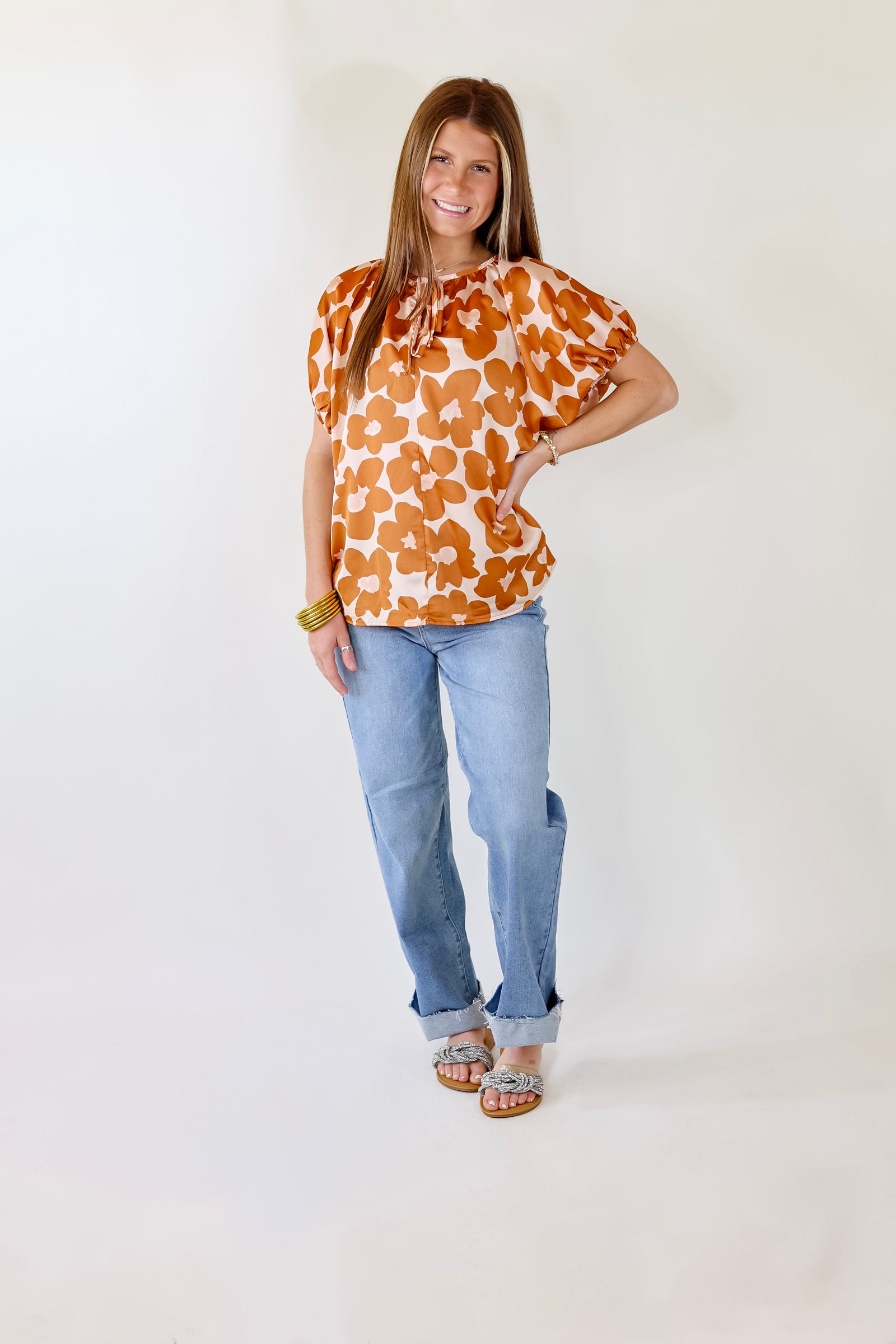 Counting Kisses Short Sleeve Floral Top with Keyhole in Copper - Giddy Up Glamour Boutique