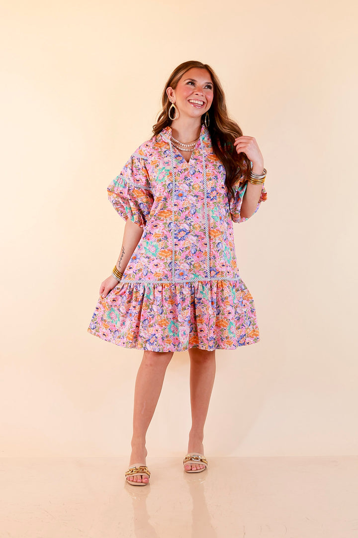 Darling Detail Floral Print Drop Waist Mini Dress with Contrast Trim in Pink Multi