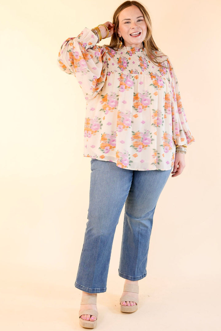 Garden Glow Watercolor Floral Print Blouse with High Neckline in Ivory