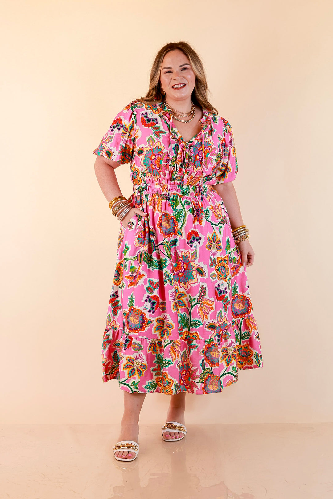 Color Me Happy Floral Print Midi Dress with Tie Neckline and Puff Sleeves in Pink