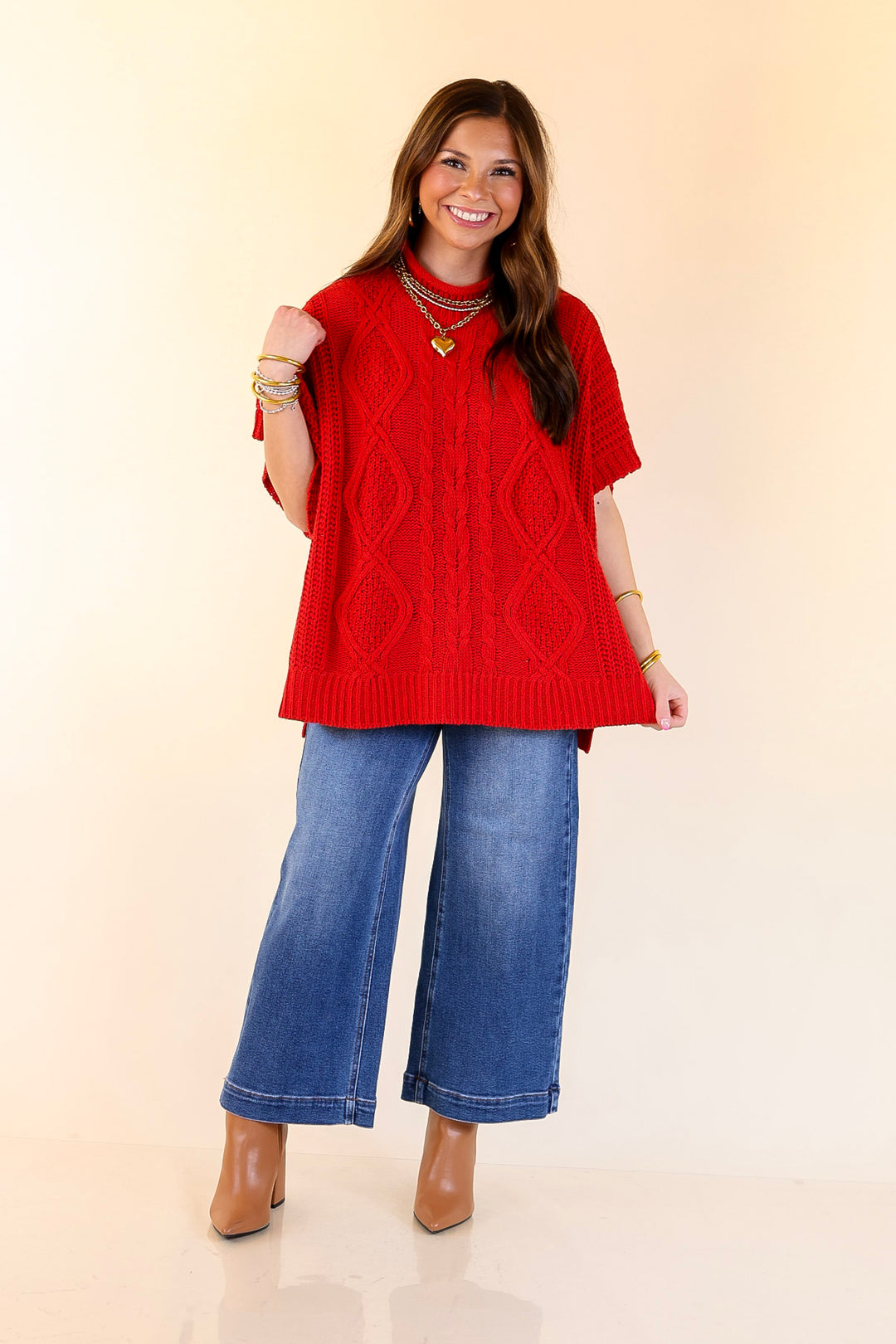 Mud Pie | Claude Oversized Cable Knit Dropped Shoulder Sweater in Red