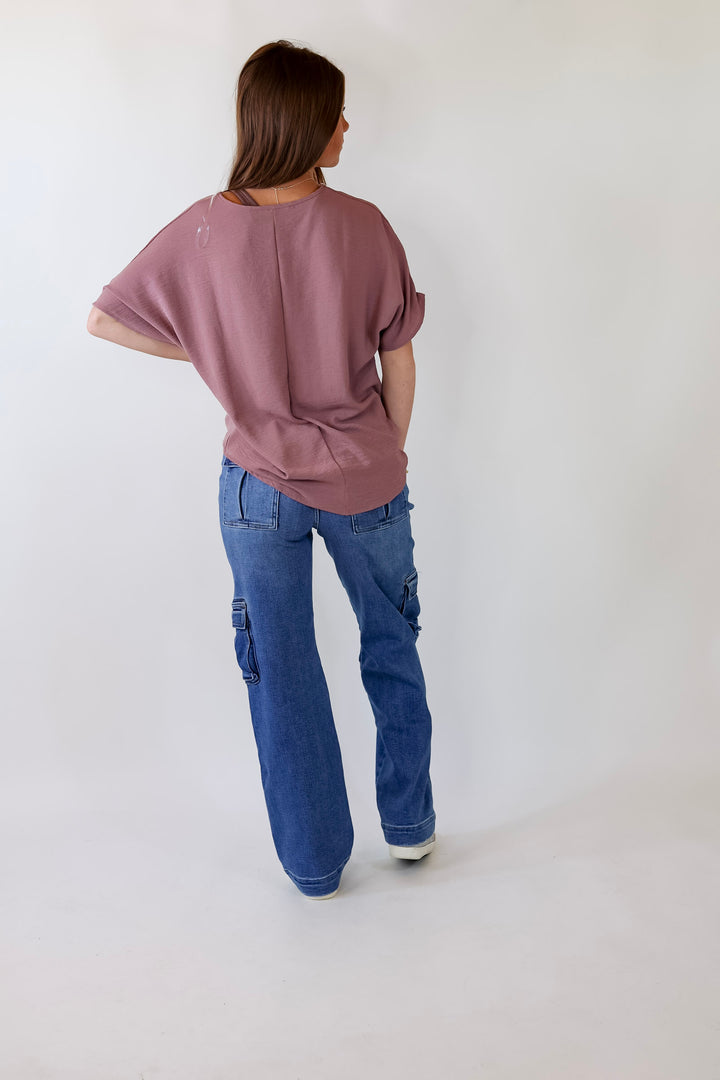 Lovely Dear V Neck Short Sleeve Solid Top in Mauve Purple - Giddy Up Glamour Boutique