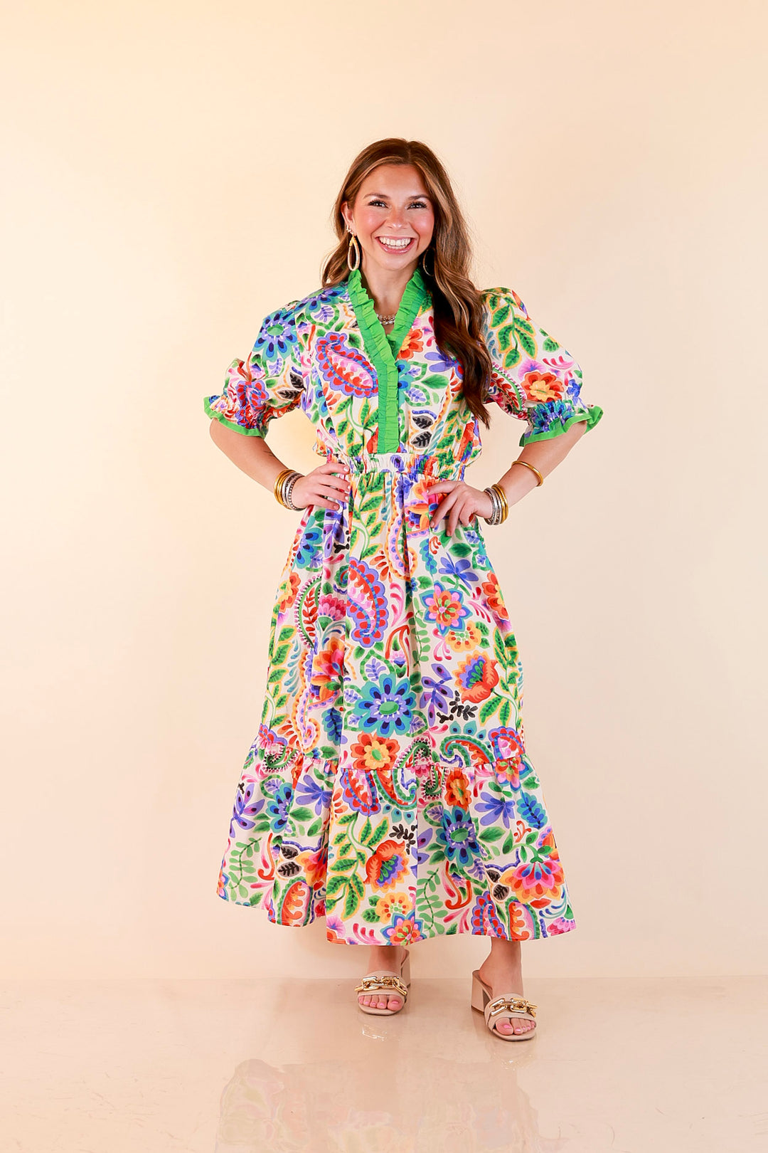 Gracefully Yours Floral and Paisley Print Midi Dress with Contrast Ruffle Trim in Ivory