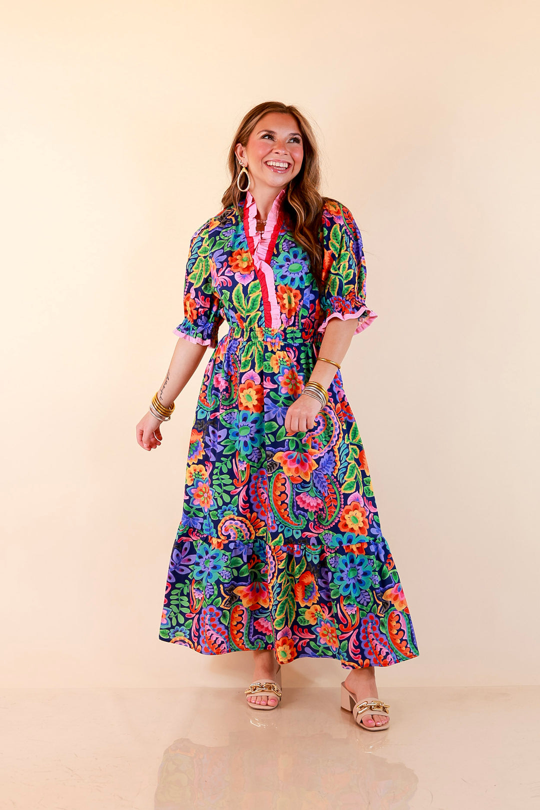 Gracefully Yours Floral and Paisley Print Midi Dress with Contrast Ruffle Trim in Navy Blue