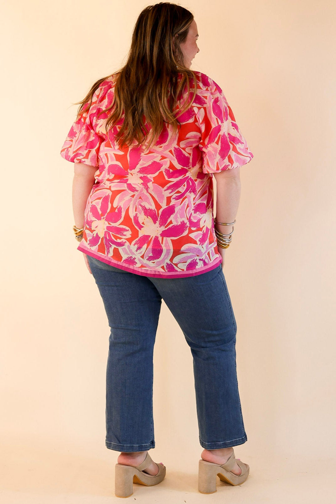Paradise Petals Floral Print Top with Short Puff Sleeves and a Notched Neckline in Magenta Mix