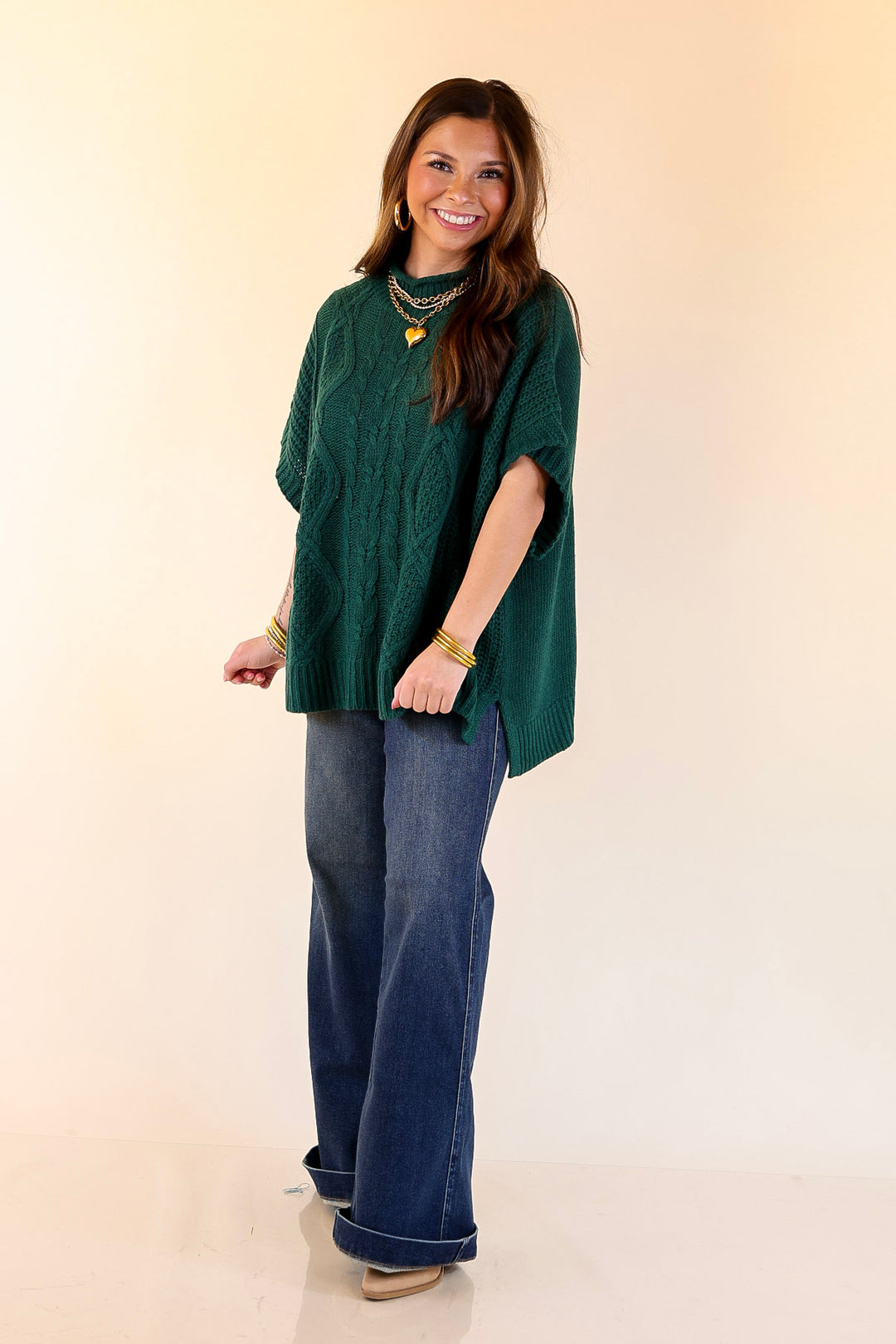 Mud Pie | Claude Oversized Cable Knit Dropped Shoulder Sweater in Forest Green