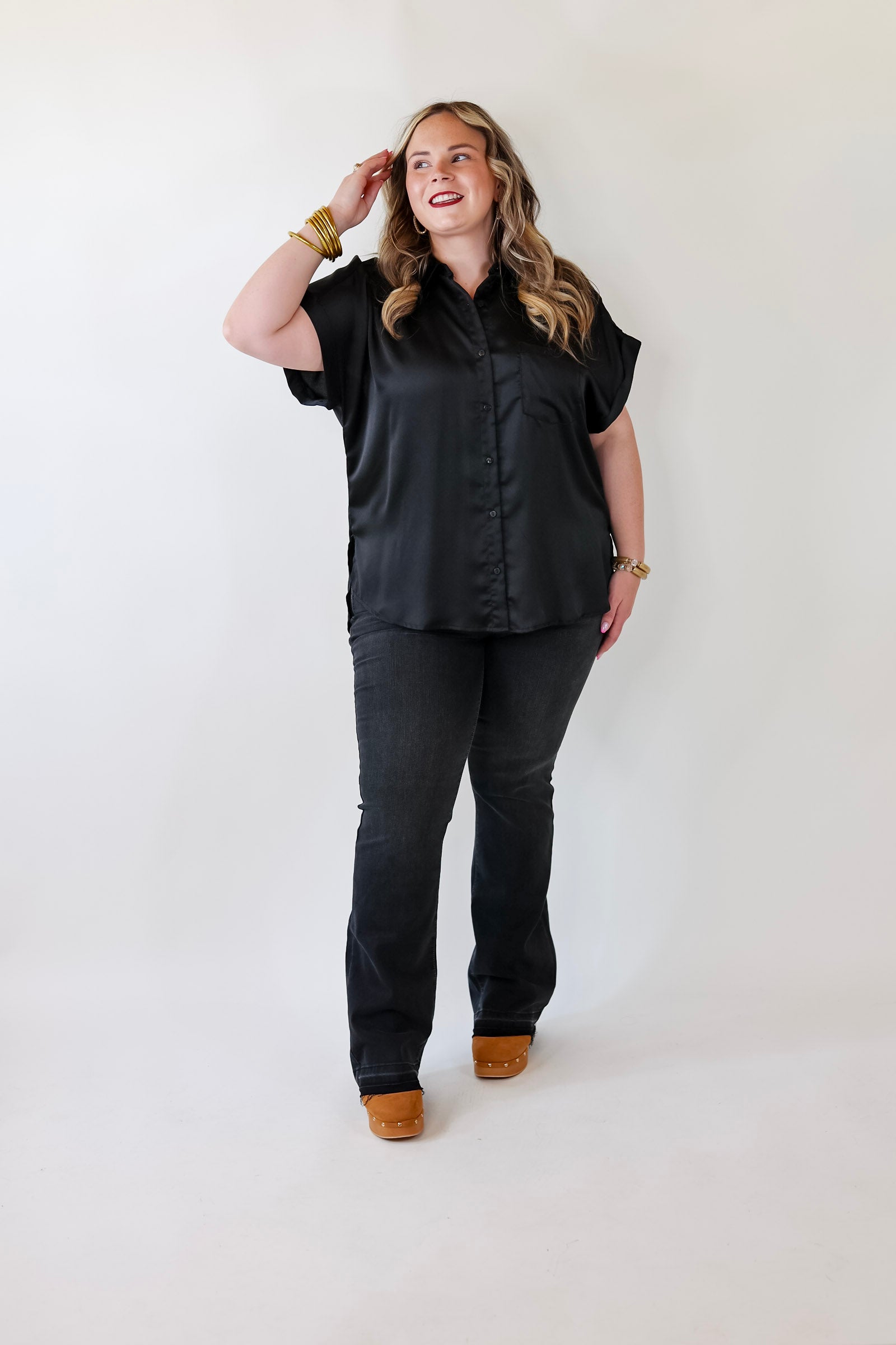 Free To Be Fab Button Up Short Sleeve Top in Black - Giddy Up Glamour Boutique