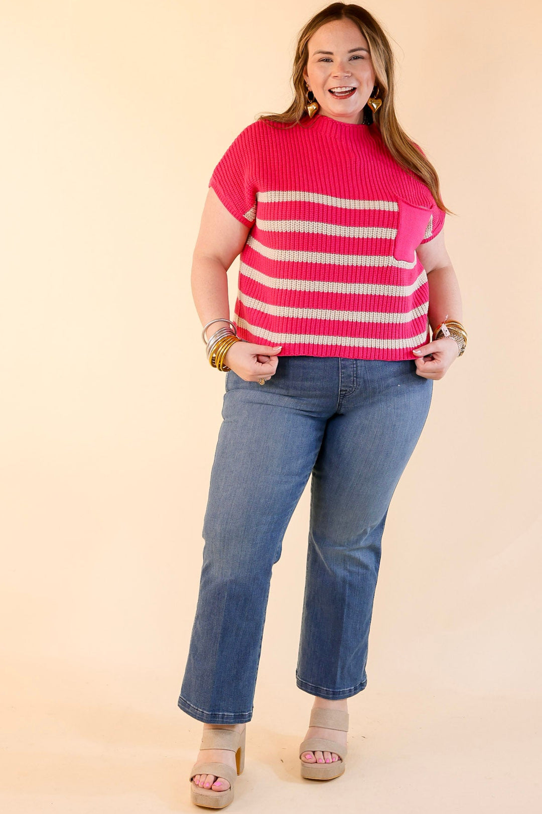Repeat Worthy Striped Cap Sleeve Cropped Sweater with Front Pocket in Hot Pink
