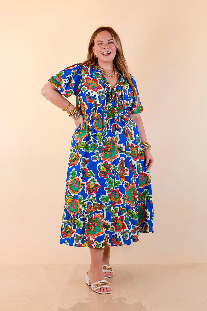Color Me Happy Floral Print Midi Dress with Tie Neckline and Puff Sleeves in Royal Blue