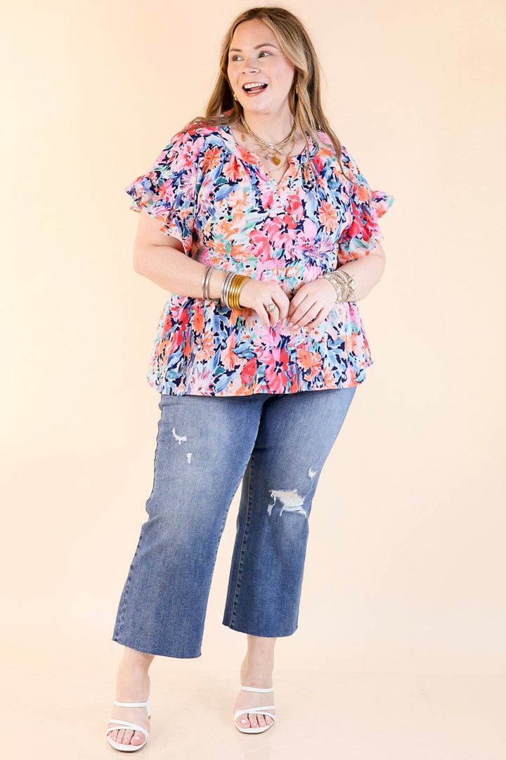 Spring Fever Floral Babydoll Top with Ruffle Short Sleeves in Pink and Blue Mix