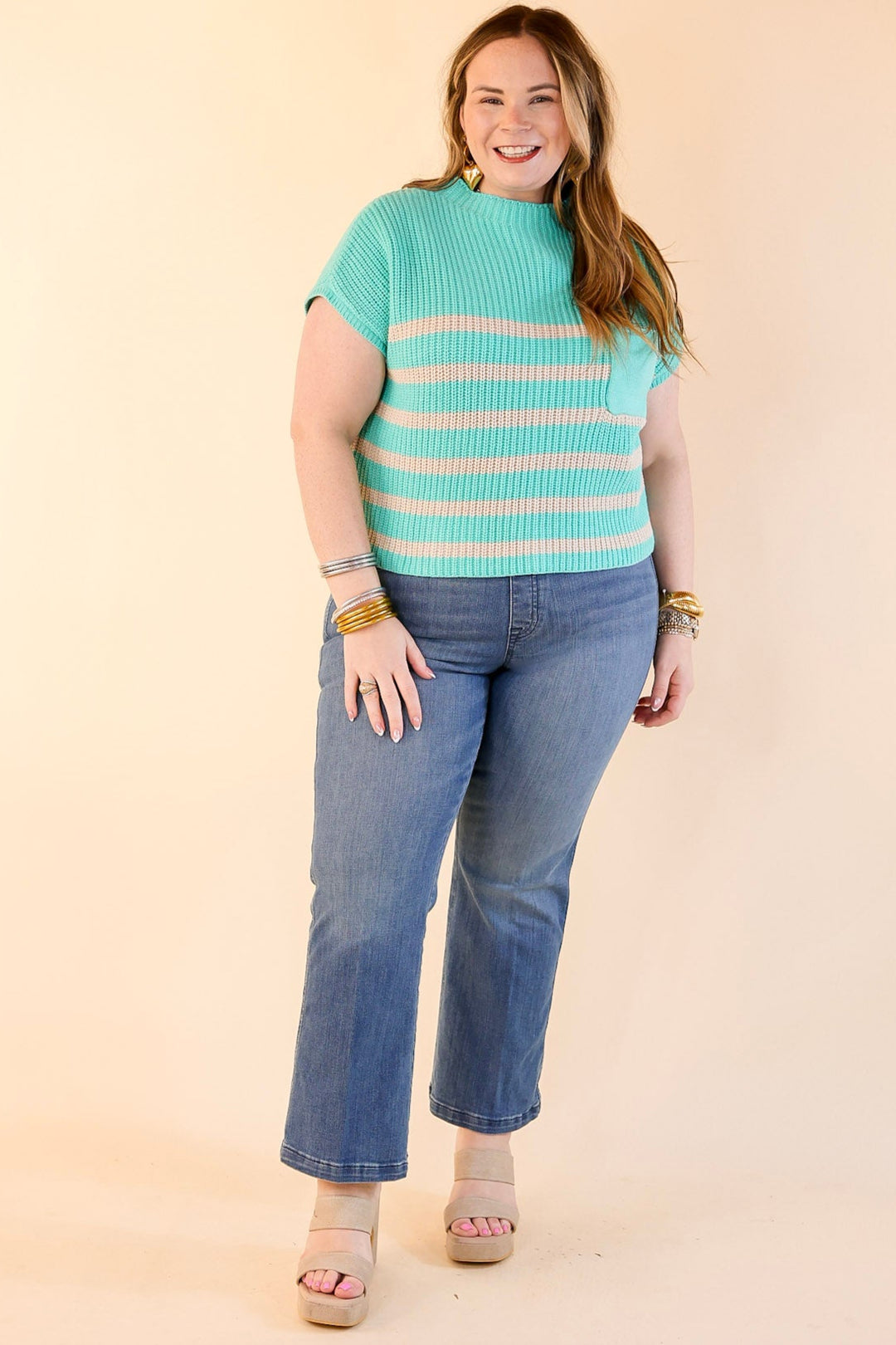 Repeat Worthy Striped Cap Sleeve Cropped Sweater with Front Pocket in Mint Green