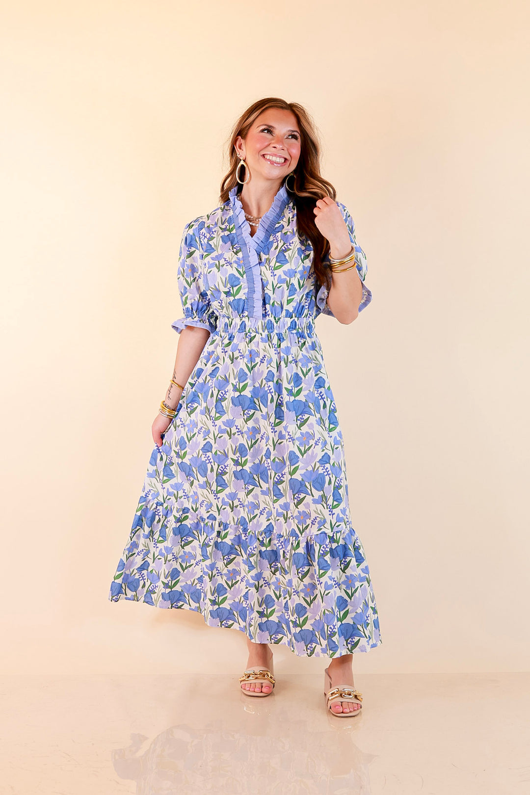 Gracefully Yours Floral Print Midi Dress with Contrast Ruffle Trim in Blue