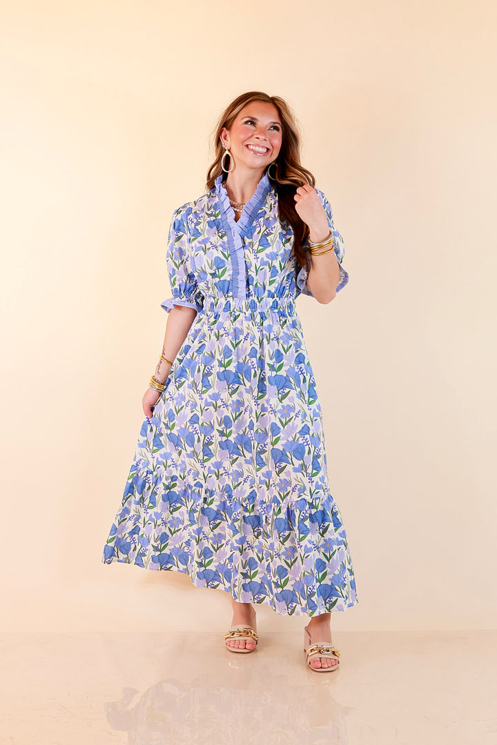 Gracefully Yours Floral Print Midi Dress with Contrast Ruffle Trim in Blue