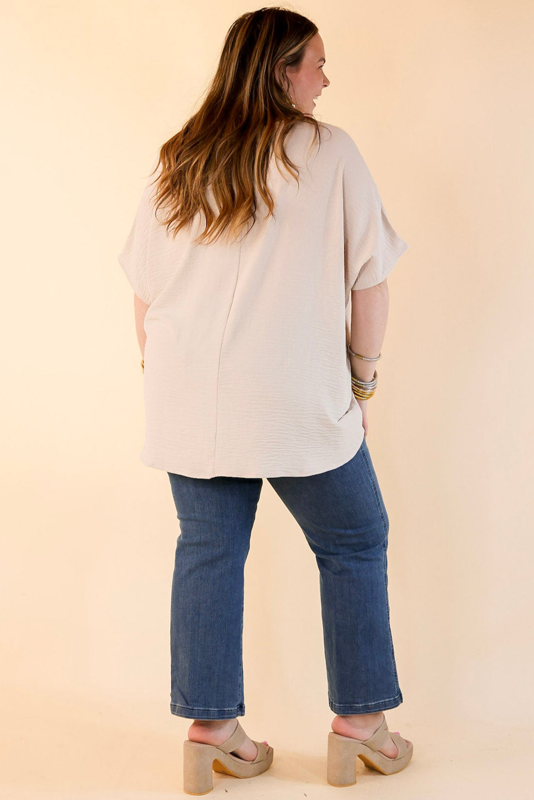Try To Resist Short Sleeve V Neck Top with Front Pocket in Beige
