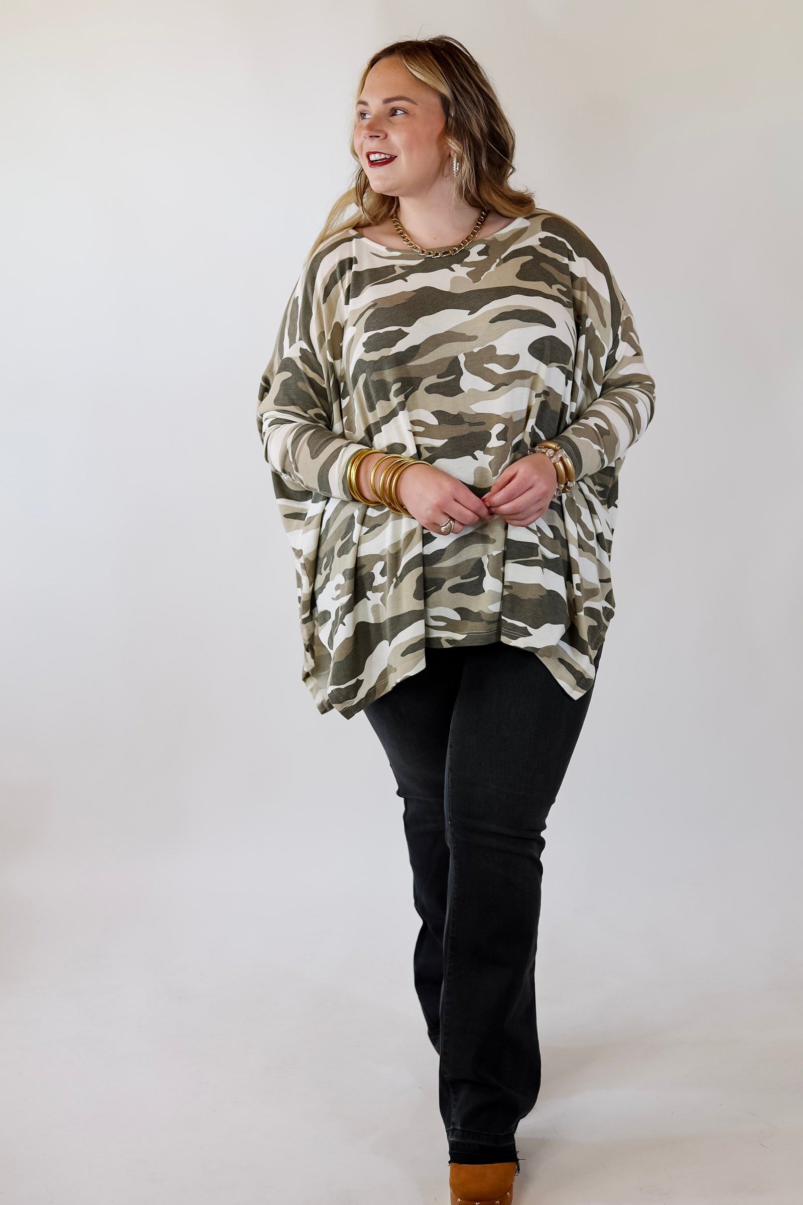Sidewalk Views Long Sleeve Oversized Shift Top in Camouflage - Giddy Up Glamour Boutique