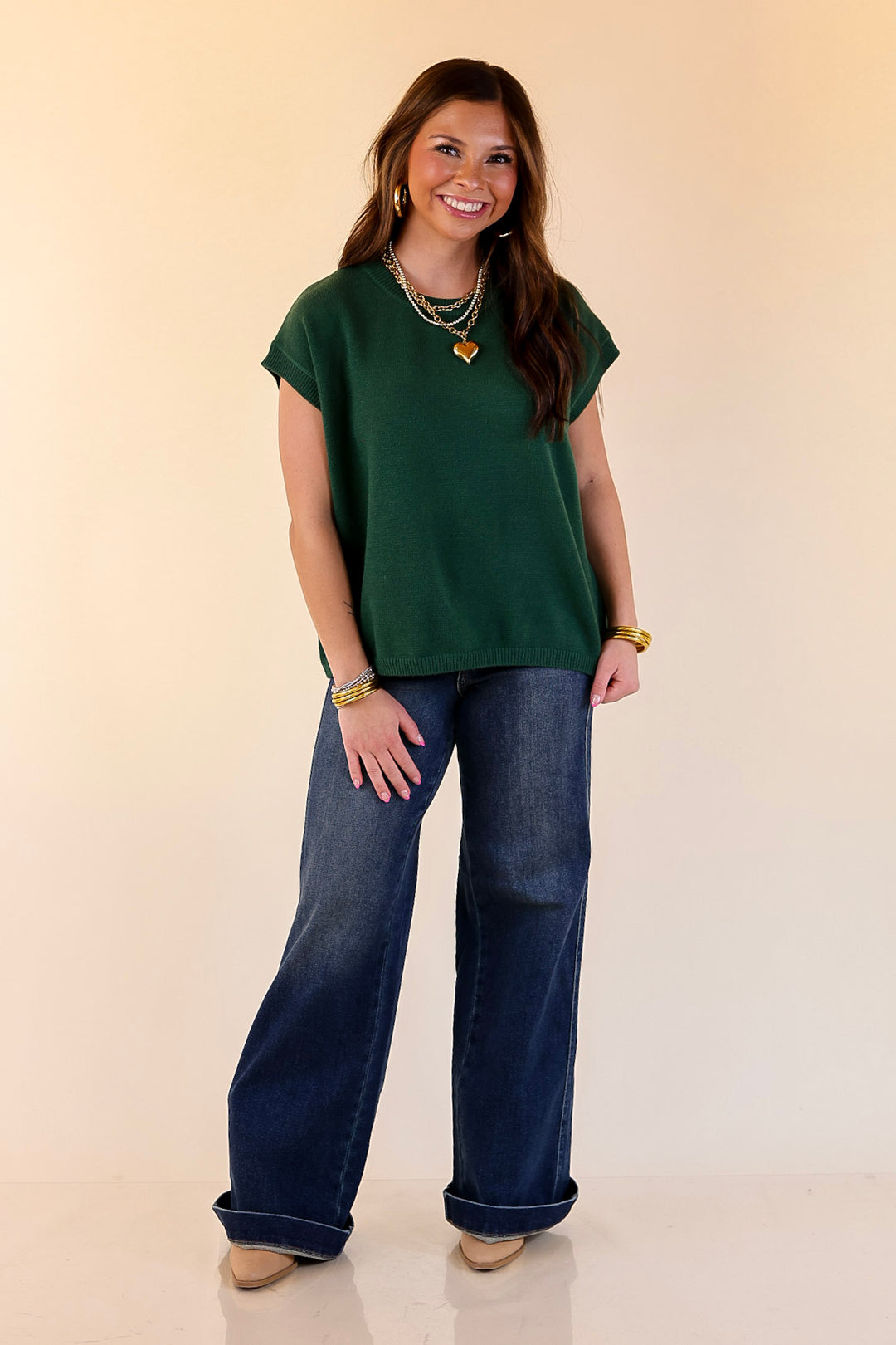 Effortlessly Yours Short Sleeve Oversized Sweater in Forest Green