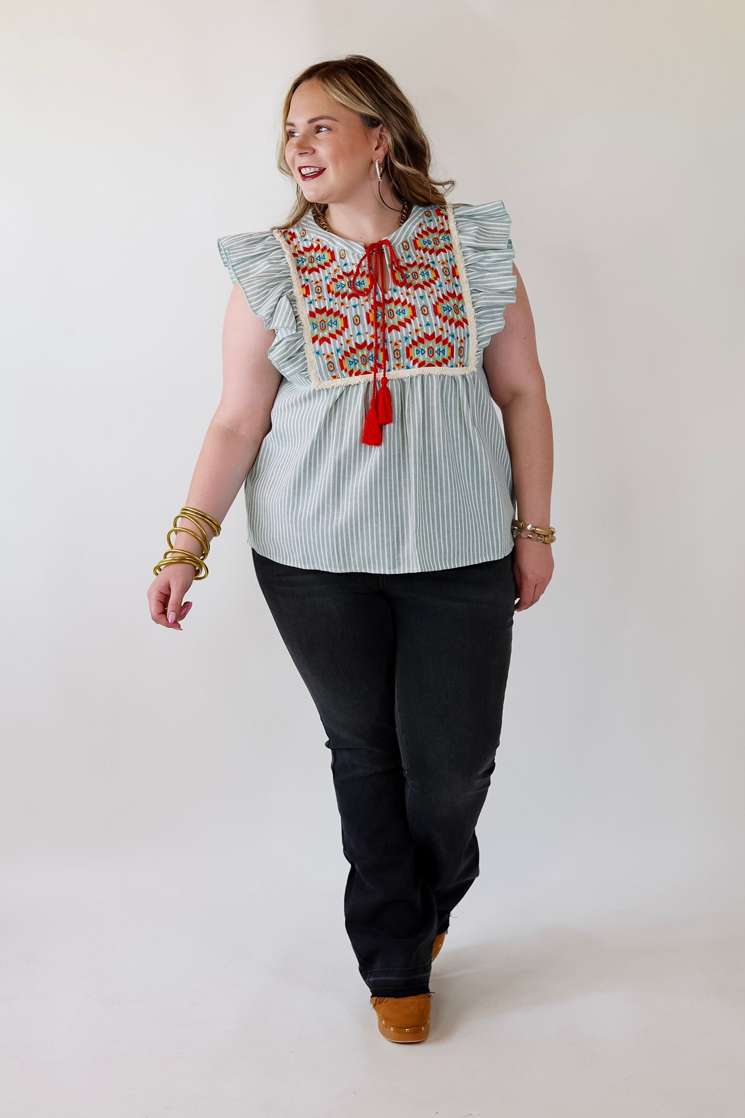 Fall Sun PinStripe Top with Aztec Print Embroidery in Sage Green - Giddy Up Glamour Boutique