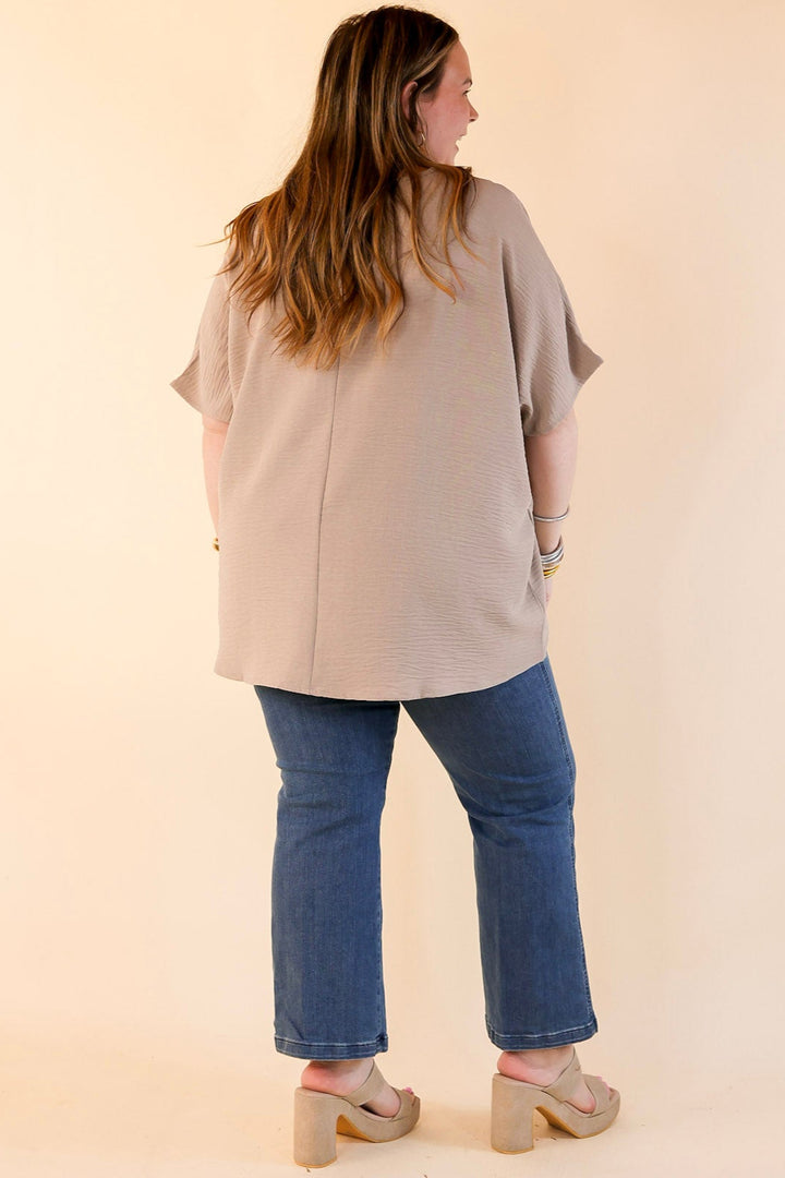 Try To Resist Short Sleeve V Neck Top with Front Pocket in Light Mocha Brown