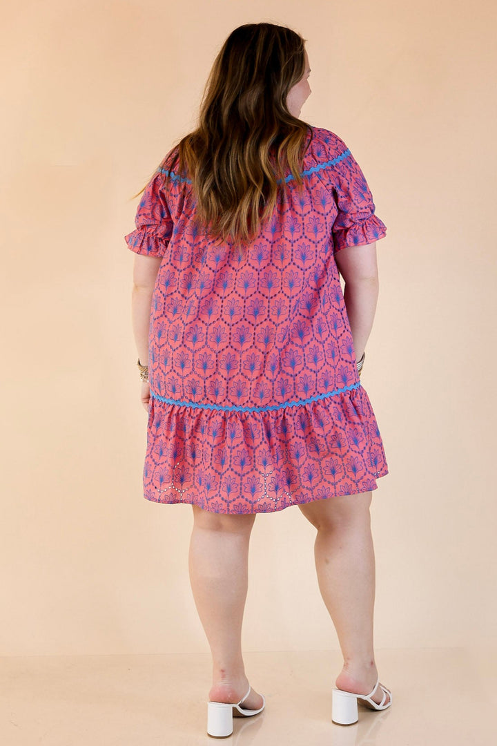 Sweet & Sassy Puff Sleeve Blue Embroidered Eyelet A-Line Dress in Pink