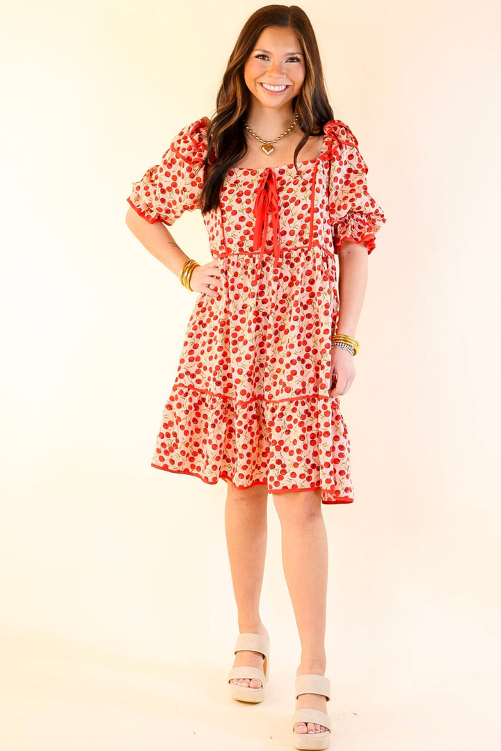 Cherry on Top Puff Sleeve Dress in Light Pink and Red
