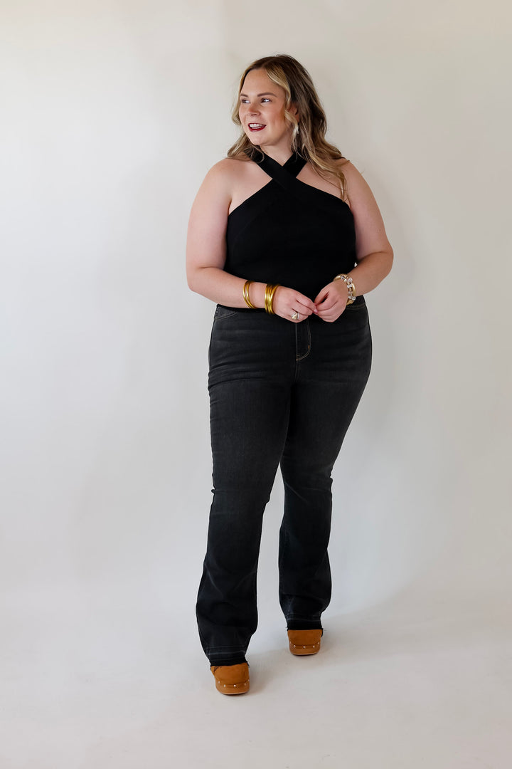 Talk To Me Crossed Strap Top in Black - Giddy Up Glamour Boutique