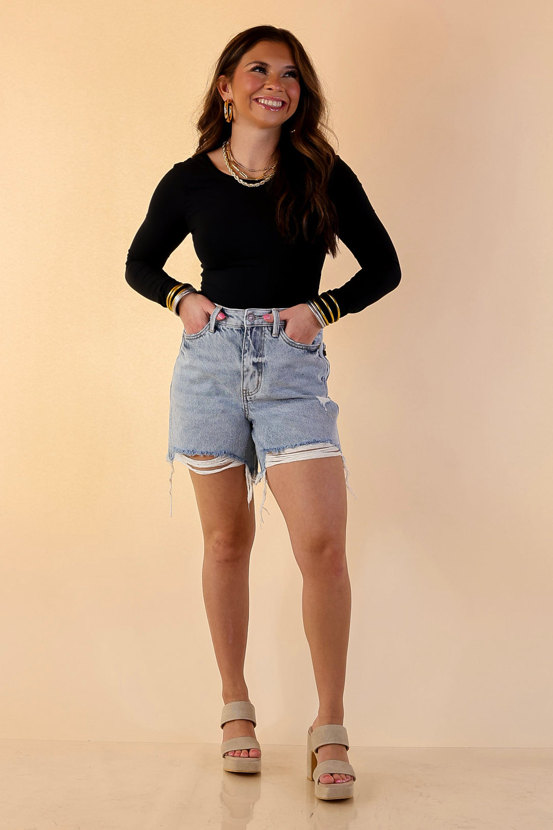 Judy Blue | Effortless Edge Rigid Magic Distressed Frayed Hem Denim Dad Shorts in Light Wash