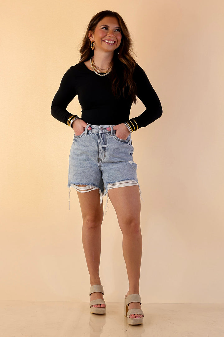 Judy Blue | Effortless Edge Rigid Magic Distressed Frayed Hem Denim Dad Shorts in Light Wash