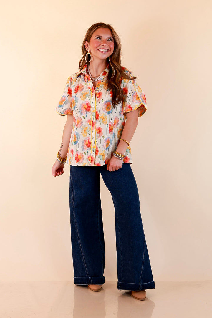 Petals and Plans Poppy Floral Print Button Up Collar Blouse in Cream