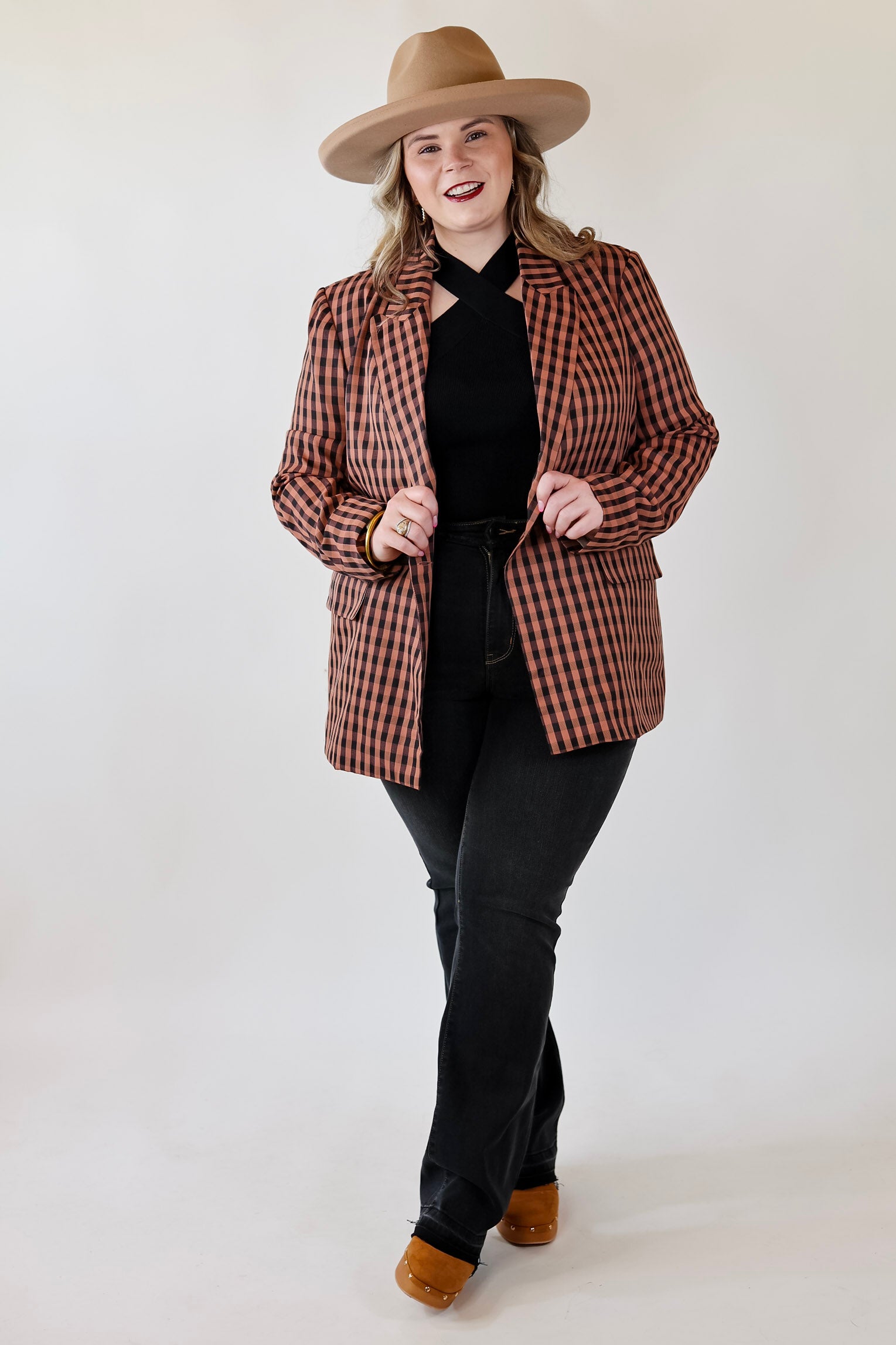Coffee And Smiles Double Button Plaid Blazer with Long Sleeves in Terracotta - Giddy Up Glamour Boutique