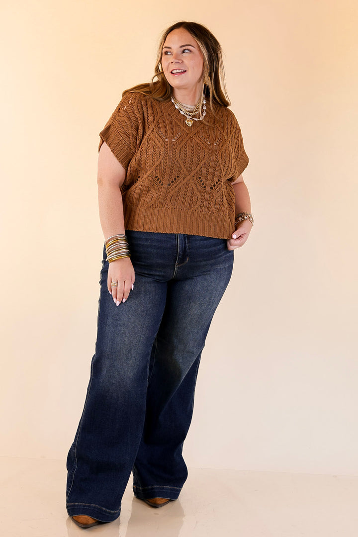 Knit to Last Cable Knit Short Sleeve Sweater Top in Camel Brown