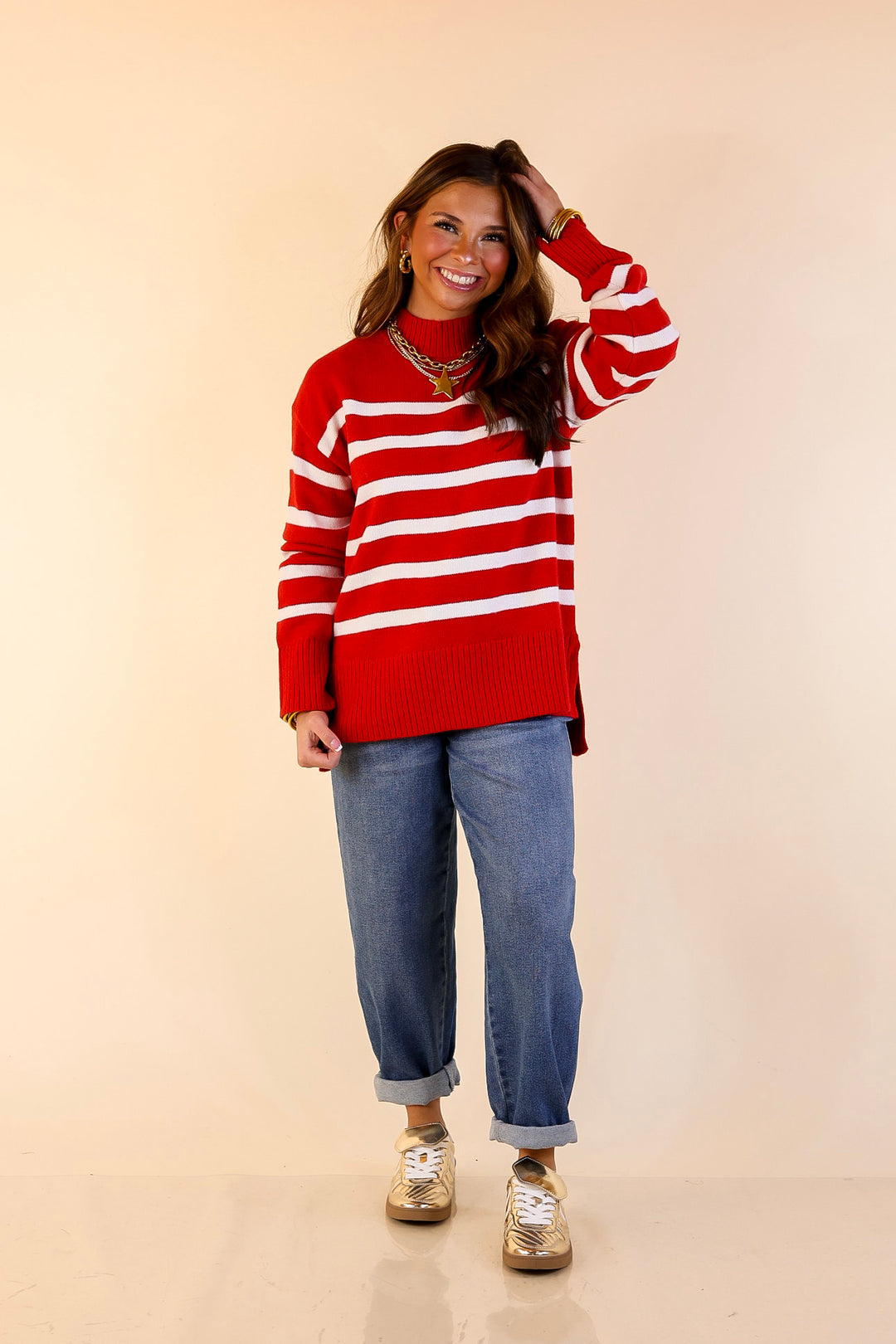 Chilly Day Charm Mock Neck Long Sleeve High-Low Striped Sweater in Red with Ivory Stripes