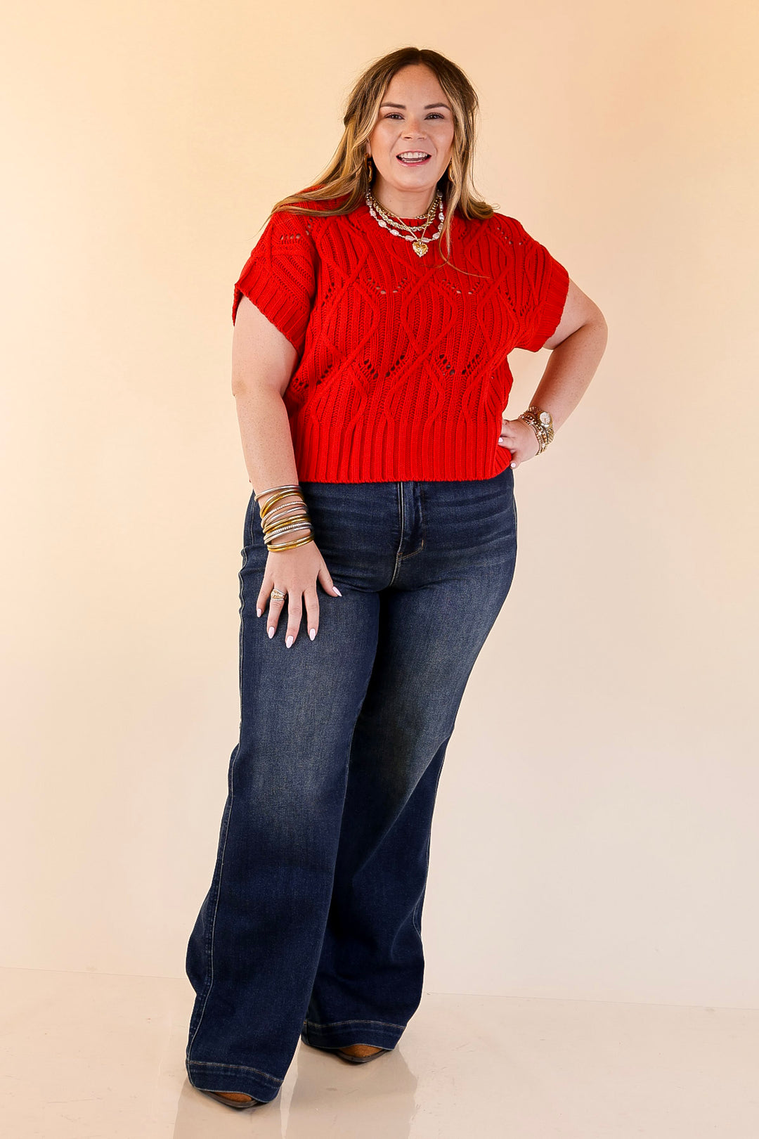 Knit to Last Cable Knit Short Sleeve Sweater Top in Red