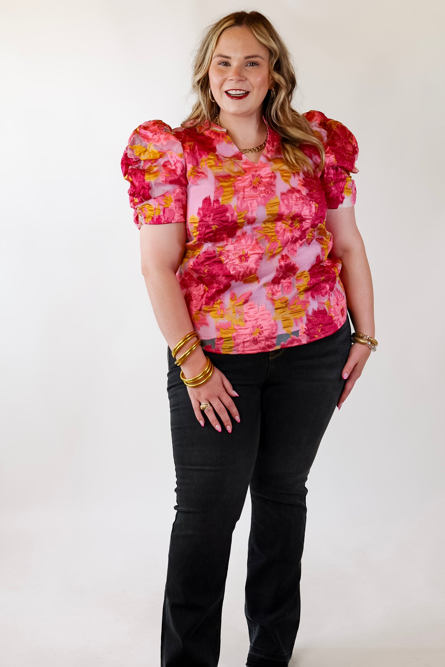 A Fine Feeling Floral Print Top with Puffed Sleeves in Pink - Giddy Up Glamour Boutique