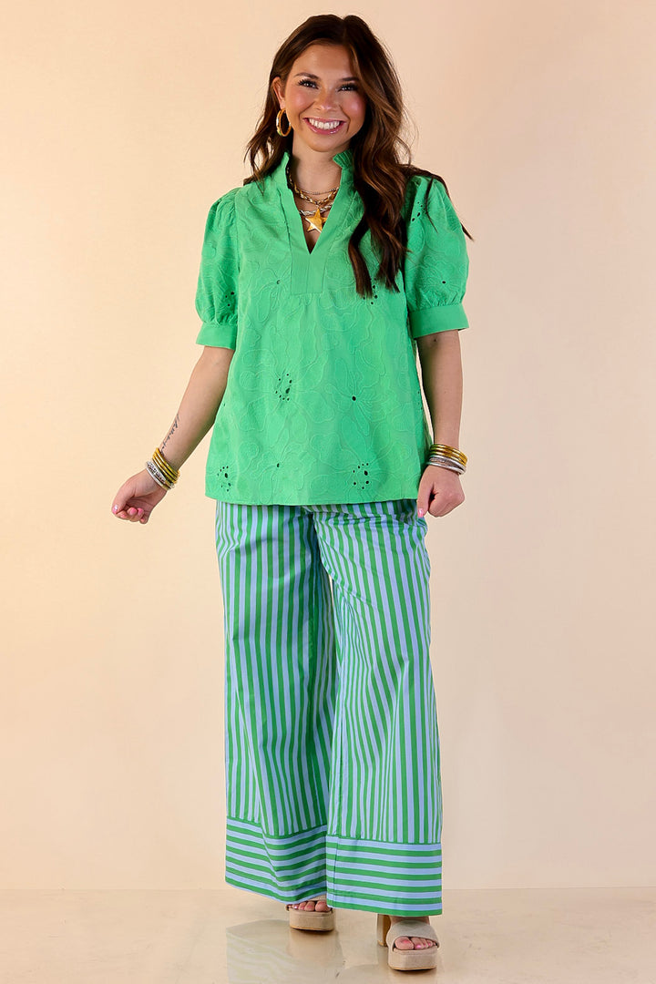 Weekend Energy Striped Drawstring Wide Leg Pants in Green and Blue