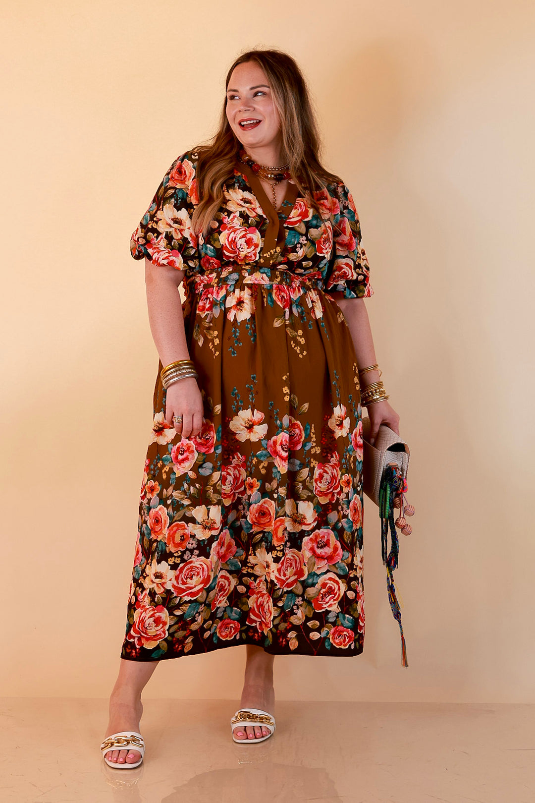 Brunch with the Girls Puff Sleeve Smocked Waist Floral Print Tiered Midi Dress in Chocolate Brown Multi