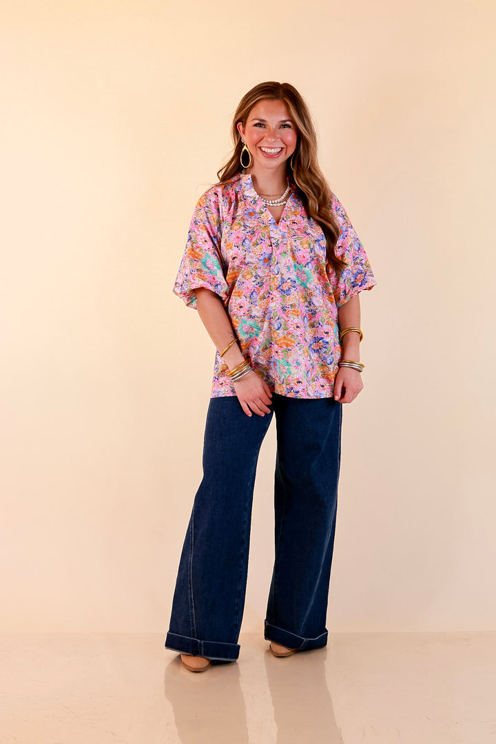 Blooming Beauty Floral Print V Neck Top with Smocked Neckline and Puff Sleeves in Pink Multi Color