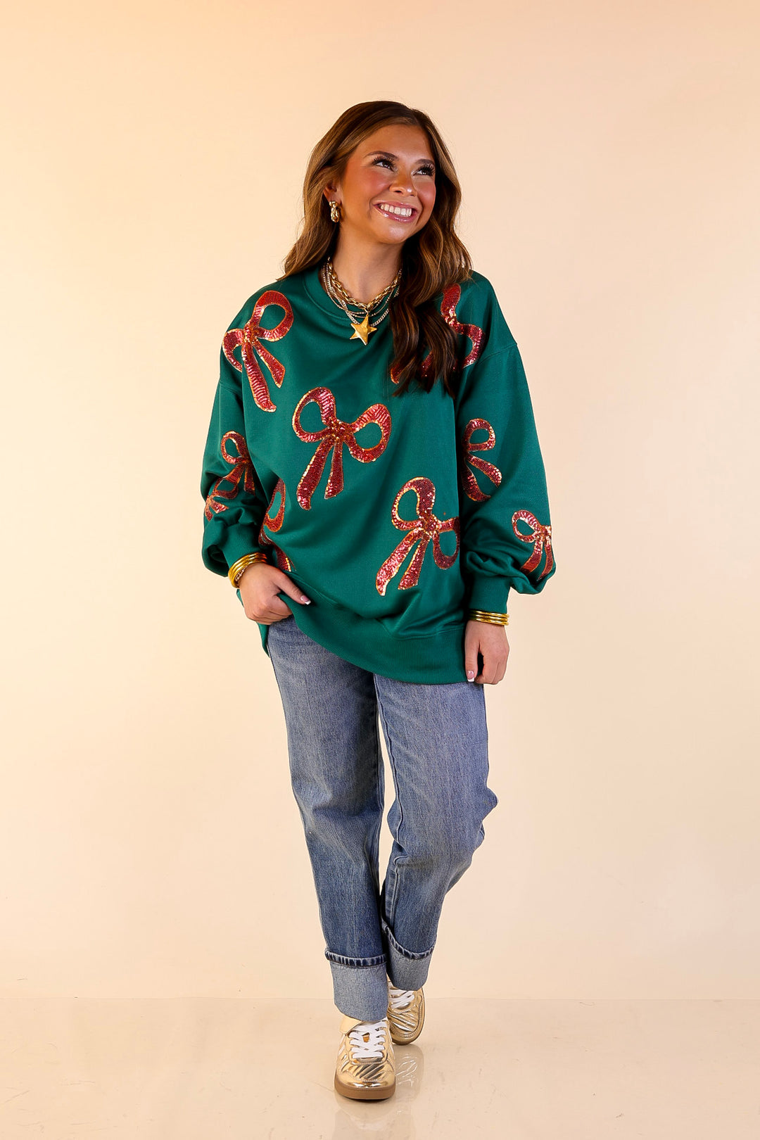 Wrapped in Style Crewneck Sweatshirt with Sequin Red Bows in Dark Green