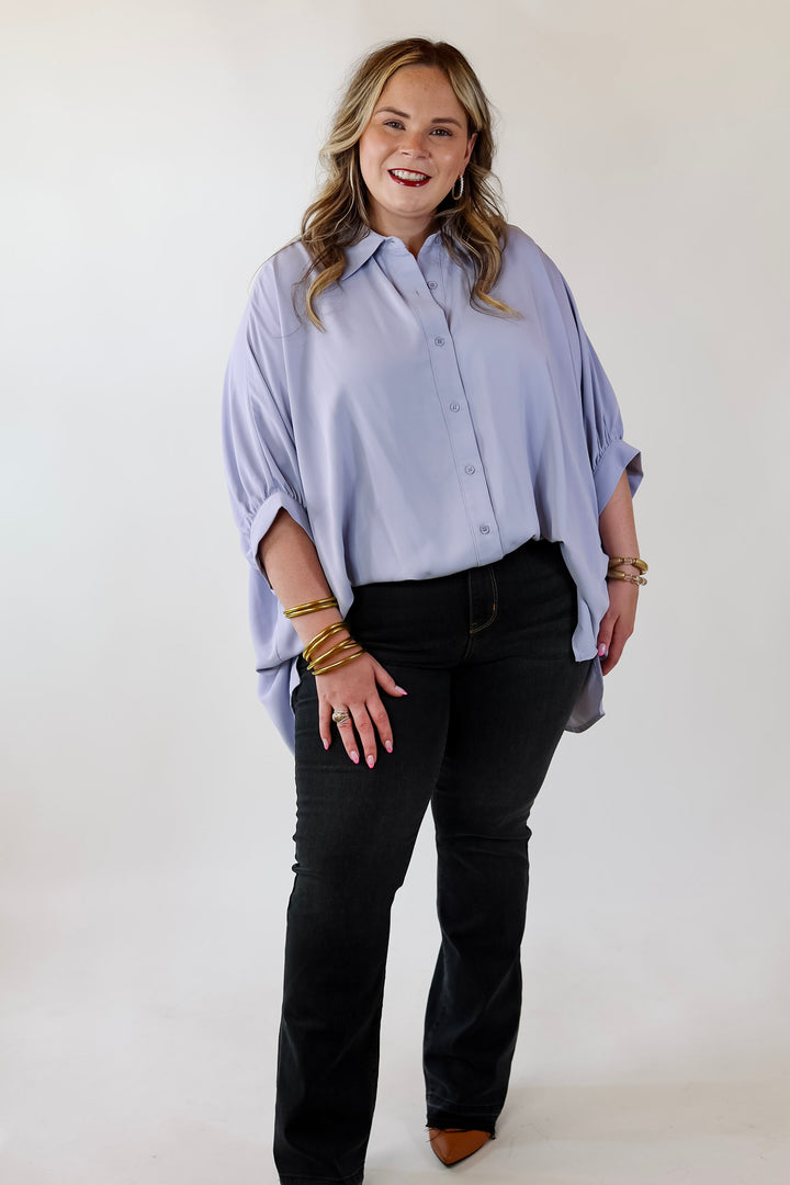 City Lifestyle Button Up Half Sleeve Poncho Top in Light Blue - Giddy Up Glamour Boutique