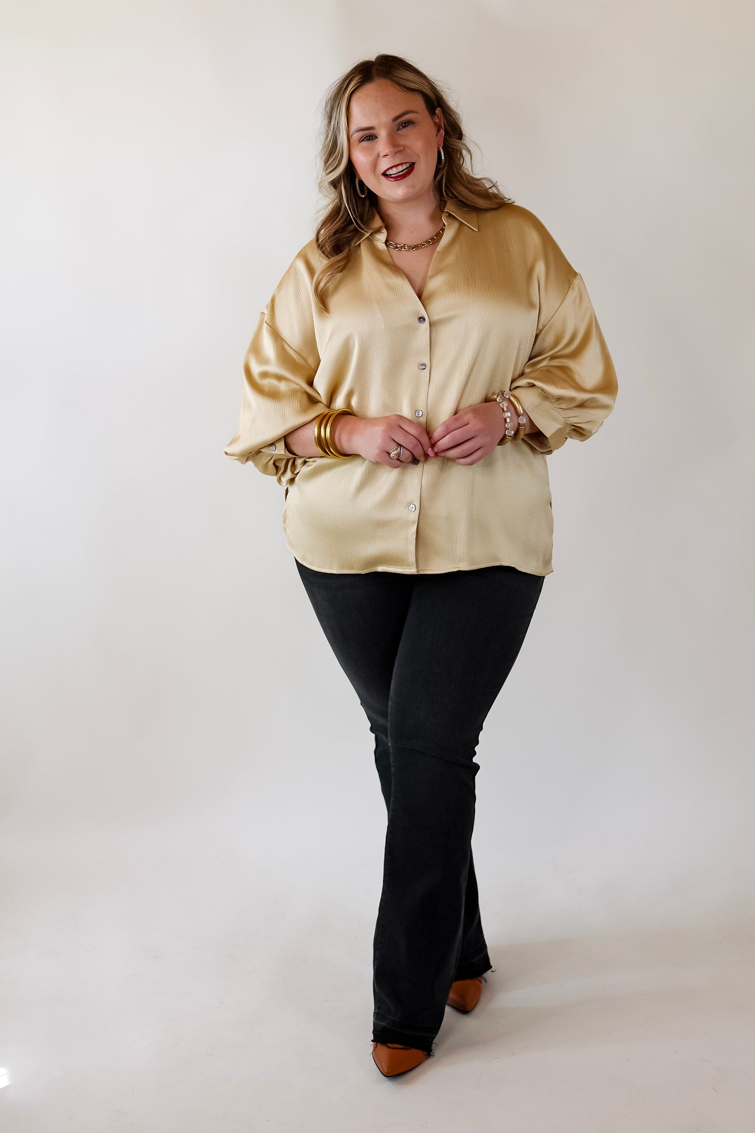 Sweet Notion Button Up 3/4 Balloon Sleeve Top in Light Yellow - Giddy Up Glamour Boutique
